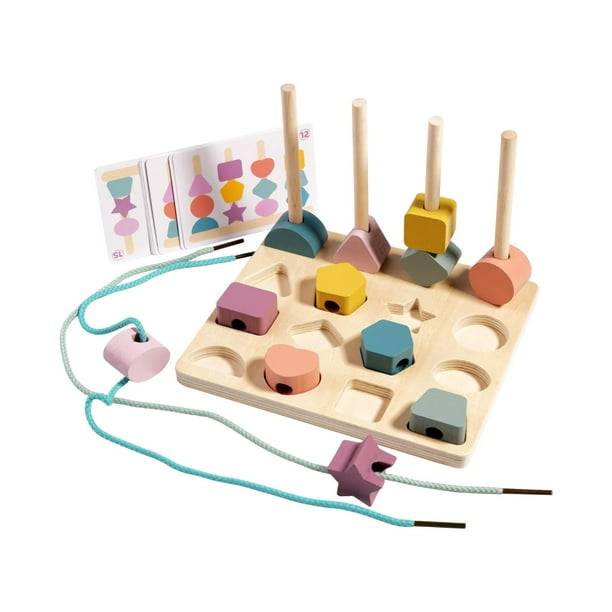 Juguetes de secuencia de cuentas de madera, bloques apilables, habilidades motoras finas, cuentas de hilo, pilas de formas a juego para niños de 2, 3,