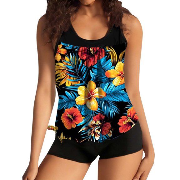 VISALY Tankini Swimsuits for Women Tankini Bathing Suits Two Piece Flower Graphic Swim Tank Top with Boyshorts Tummy Control Bathing Suits Flowy Swim Tops with Boy Shorts Swimwear Black L