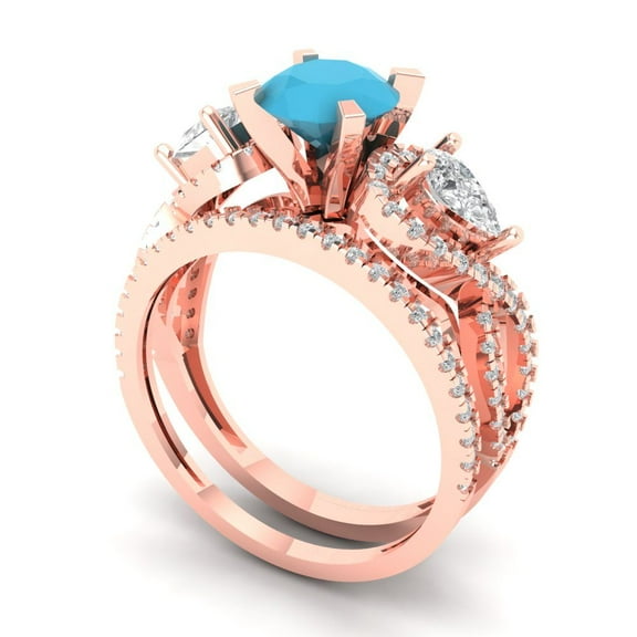 1.89 ct Brilliant Round Cut Turquoise 14k Rose Gold Solitaire with Accents Engagement Bridal Wedding Ring Band Set size 6.25