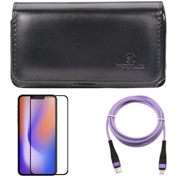 Case Belt Clip & Screen Protector & Purple 6ft PD Cable for iPhone 13/Pro - Combo with Leather Swivel Holster & Anti-Glare Tempered Glass Matte & USB-C Long Cord Fast Charger