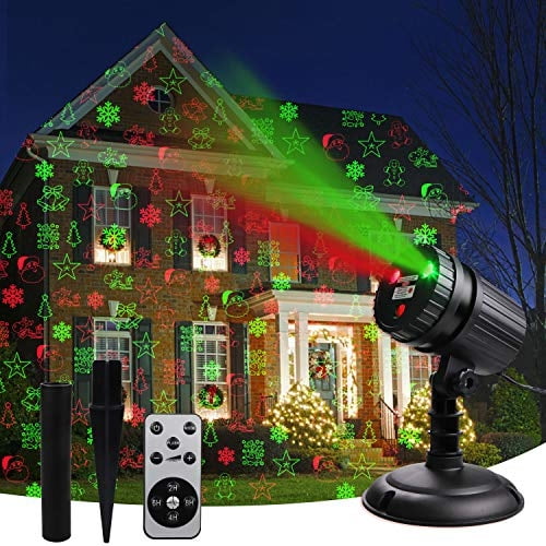 Proyector Láser Navidad, Luces LED con 8 diseños, Control Remoto, Proyector Paisajista, Espectáculo Estrellas Rojas y Verdes, Decoración para Exterior e Interior, Navidad, Vacaciones