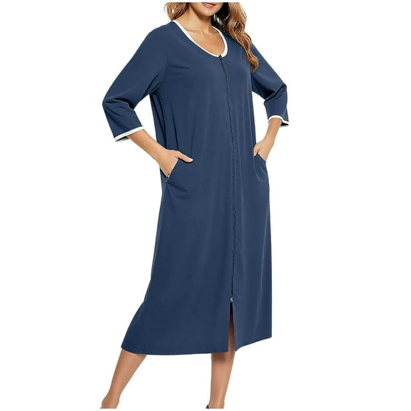 Women's Nightgowns Full Zip House Sleepwear Dresses Loose 3/4 Sleeve Pajamas Winter Comfortable Loungewear Nightdress with Pockets