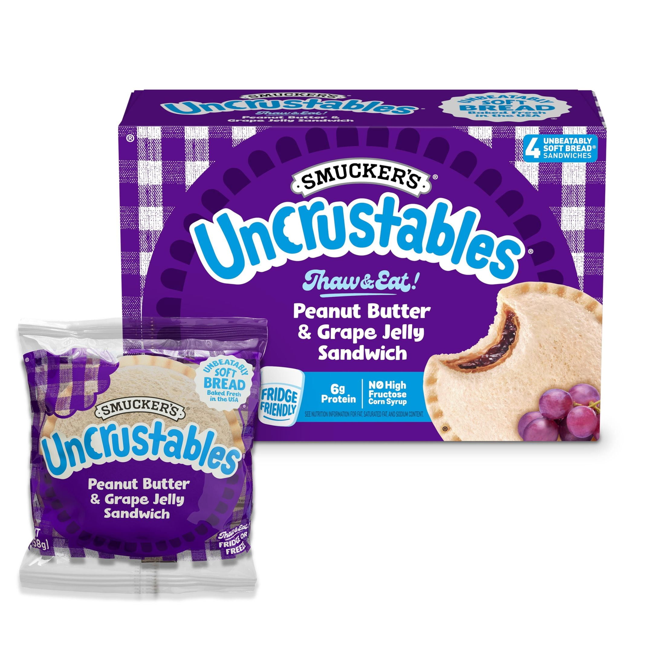 Smucker’s Uncrustables Peanut Butter & Grape Jelly Sandwiches, 4 Count, 2 oz Each, Frozen