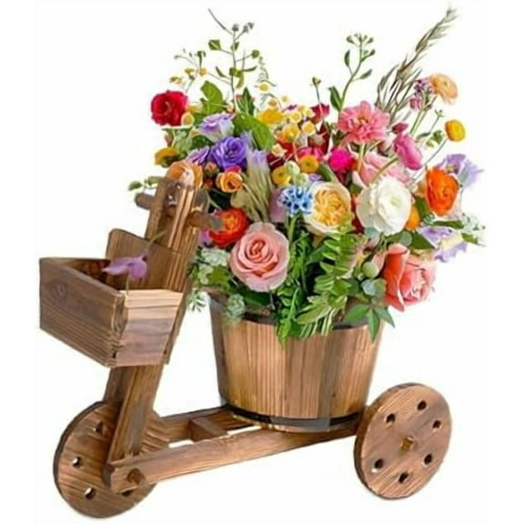 Rustic Wooden Barrel Flower Pot Vintage Garden car Decorative Solid Wood Outdoor Home Gardening Plant Planting Pot for Indoor and Outdoor Garden, Courtyard Decoration (M)