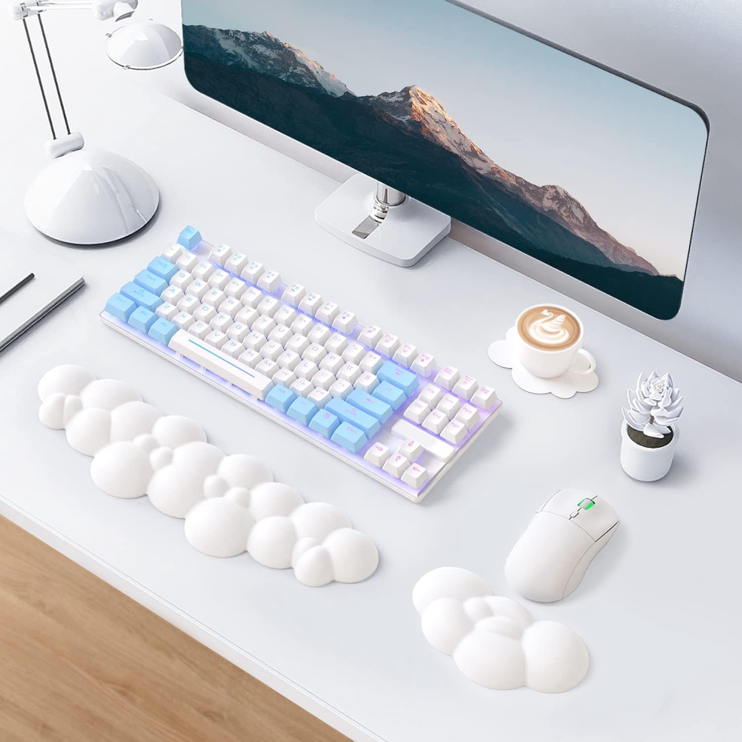 Attack Shark Cloud Keyboard Mouse Wrist Rest with Coaster Set,Ergonomic Palm Rest Combo for Pain Relief, Non-Slip Base,Ultra-Soft Memory Foam Wrist Cushion Support for Comfortable Typing/Gaming-White