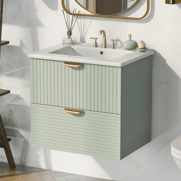 24'' Wall Mounted Bathroom Vanity with Ceramic Sink,Floating Bathroom Storage Cabinet with 2 Drawers,Solid Wood Cabinet Floating Vanity,Green