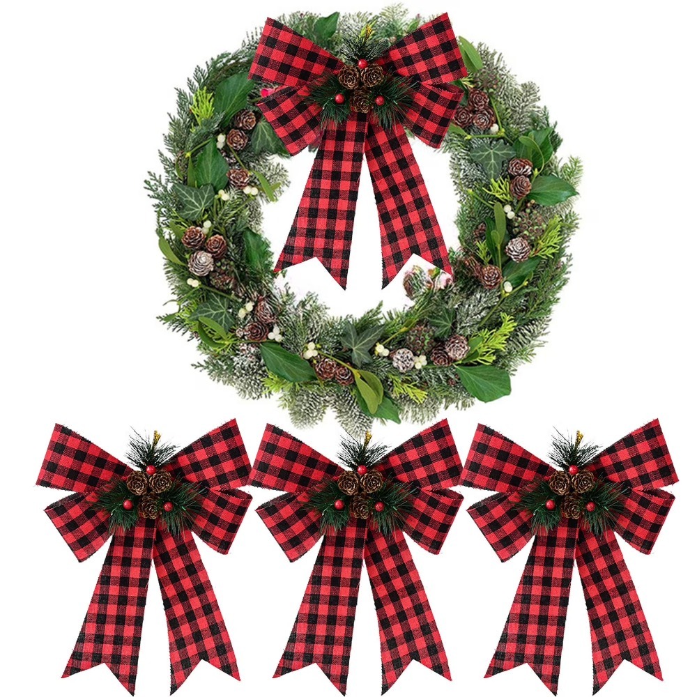9*12 inch, Large Velvet Christmas Tree Bows, Christmas Bows with Pine Cones Pine Needles, Large Christmas Bows for Tree Wreath Stairs Railing Fireplace Indoor Decor