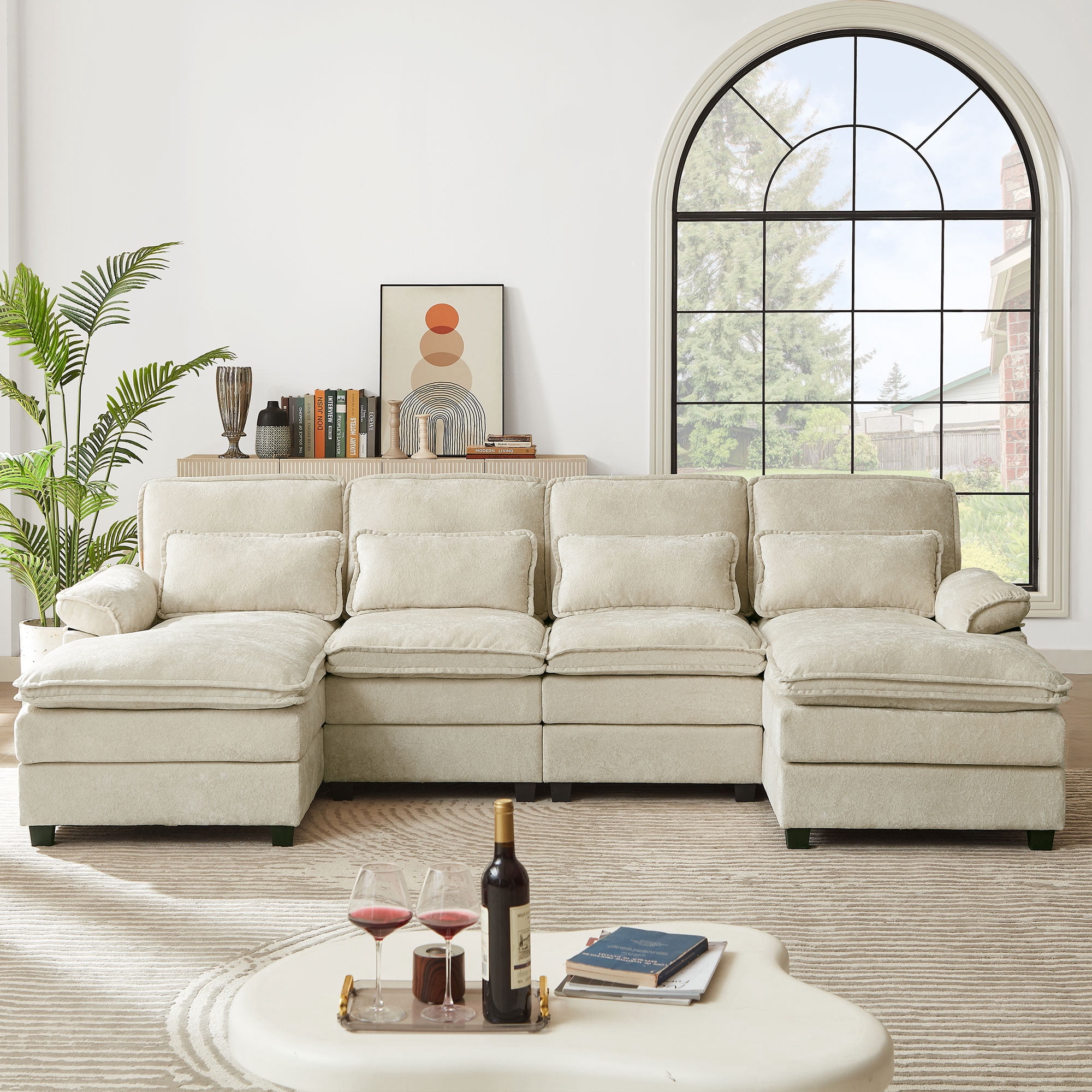 Pingliang Home Oversized Sectional Sofa U Shaped Couch 4 Seat with 4 Waist Pillows,Chenille Upholstery Symmetrical Sleeper Sofa Cloud Couch with Double Chaise Lounge for Living Room Apartment Office