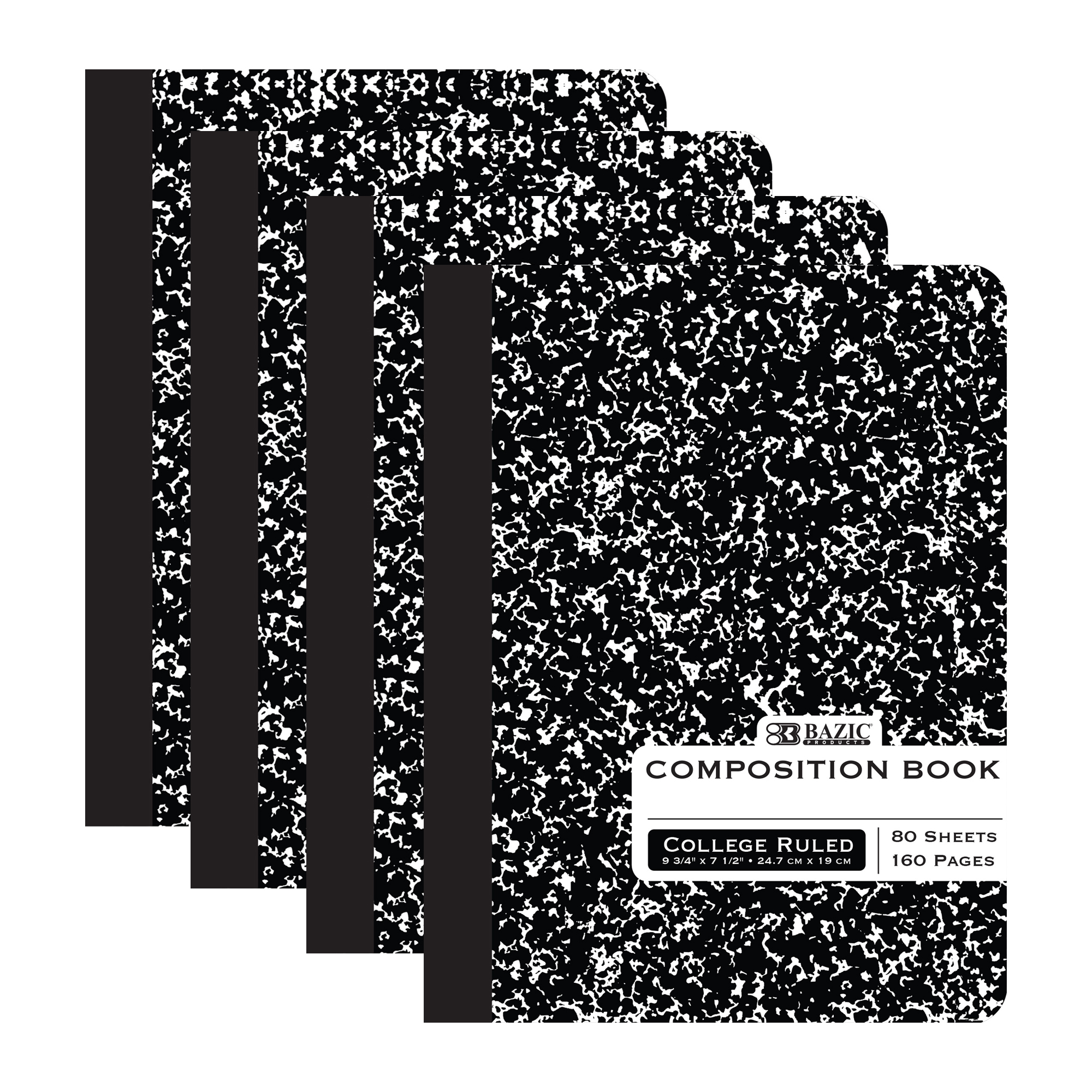 BAZIC Composition Book College Ruled 80 Sheet Black Marble Notebook, 4