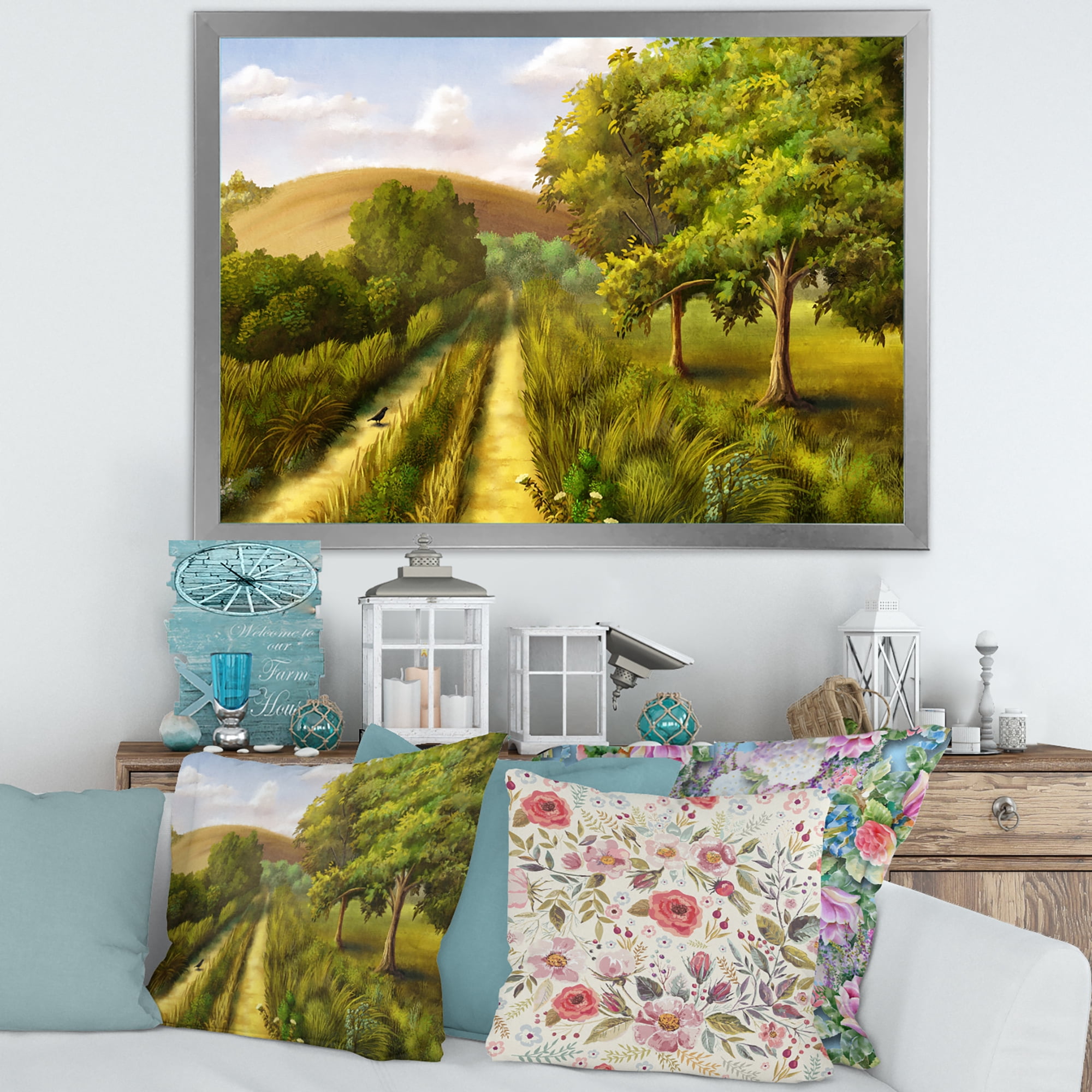 Vital Country Road During Summer 32 in x 24 in Framed Painting Canvas Art Print, by Designart