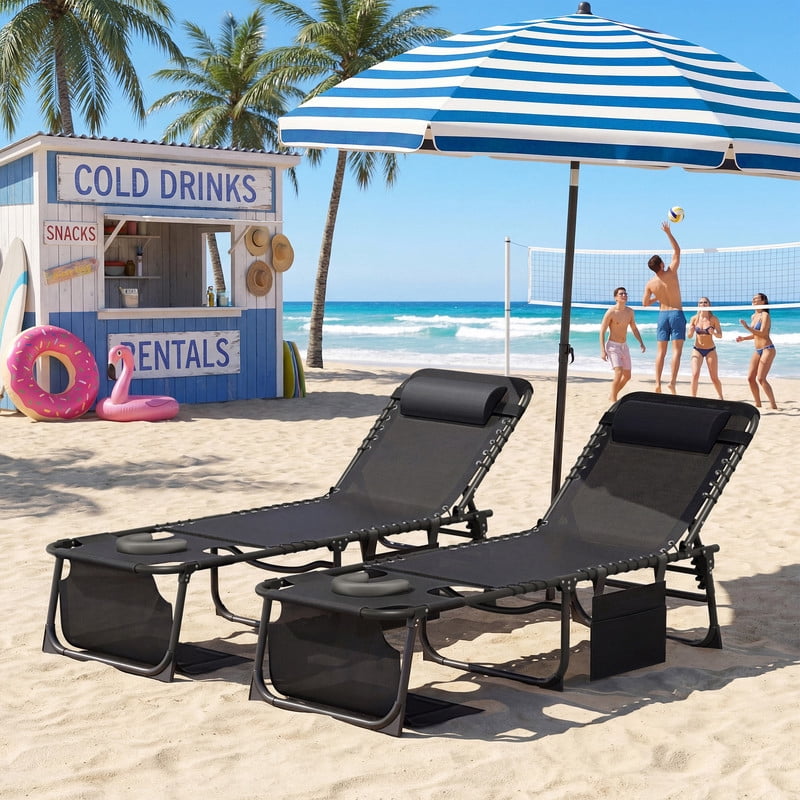 Lacoo Teslin Foldable Lounge Chair, Outdoor Chaise Lounge with Sauna, 5-Position Adjustable Beach Chair, Black