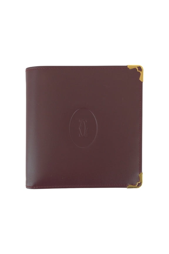 Pre-Owned CARTIER Must Line Wine Red Bordeaux Gold Hardware Leather Folding Wallet Compact for...