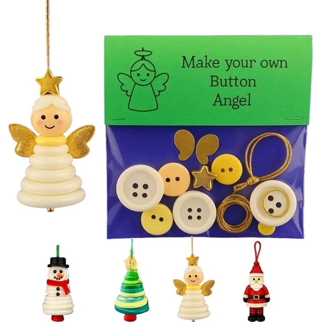 DIY Christmas Button Ornament Making Set–Fun Holiday Decorations for All Ages, DIY Craft Buttons Kit with Christmas Snowman/Santa/Angel, Gifts for Xmas Tree Hanging Decorations (Angel)