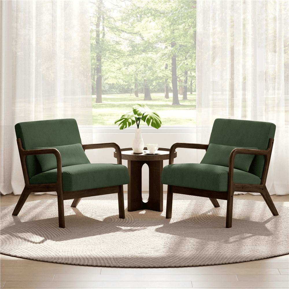Renwick Corduroy Accent Armchair with Solid Wood Legs, Dark Green