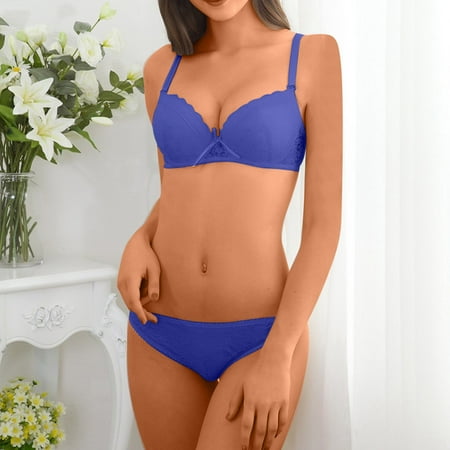 Voncos Comfy Womens Underwear Sets Lace Strappy Comfortable Gathering Bras and Underpants Lingerie Set Blue Size b