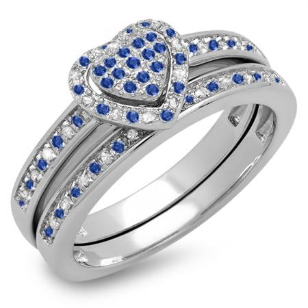1.00 Carat (ctw) 14K White Gold Round Blue Sapphire & White Diamond Ladies Heart Shaped Bridal Engagement Ring With Matc
