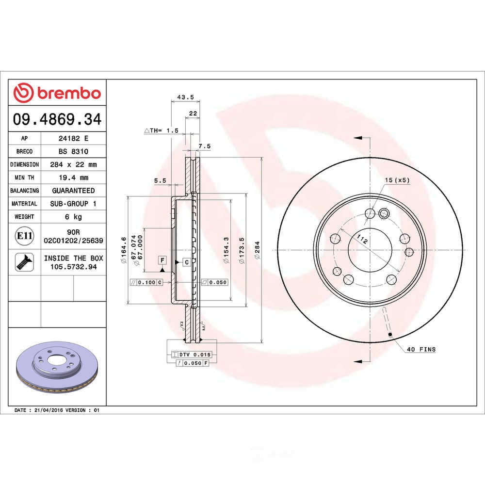 Brembo 09.4869.34 Premium Front Brake Rotor