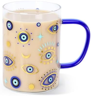 Evil Eye Glass Coffee Cup with Handle 16oz Glass Can for Hot/Cold Beverages Cappuccino Latte Espresso Beer Hamsa Blue Evil Eye for Protection Tumbler Mug Heat-Resistant and Freezer Safe