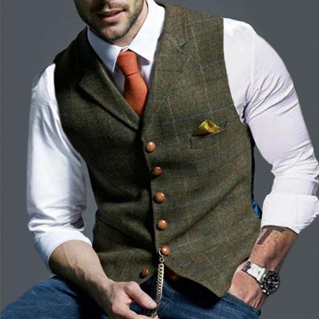 Men Lattice Turndown Single-breasted Slim Fit Vest Suit Business WaistcoatM