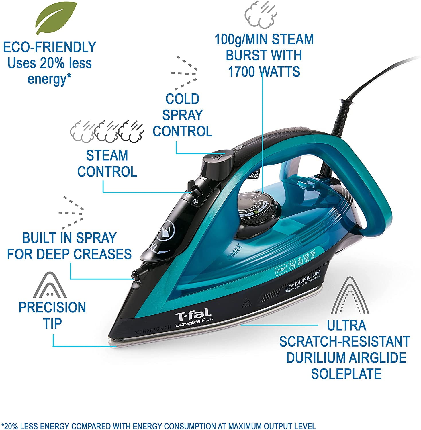 T-fal, Virtuo 30 Steam Iron, 1500W, Auto Off, Ceramic Soleplate