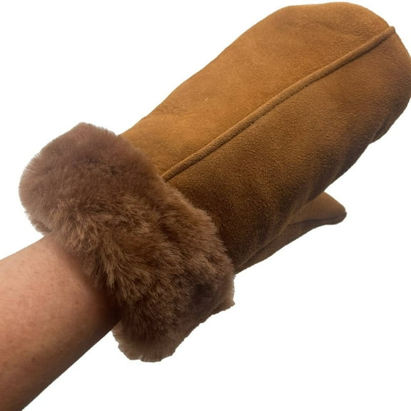 Men's Premium Shearling Sheepskin Leather Fur Mittens (Small, Cognac Brown)