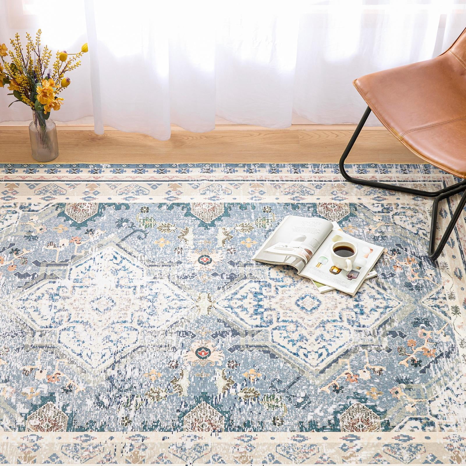 Phantoscope Retro Distressed Area Rug — Low-Pile Living Room Rug, 4' x 6', Classic Blue