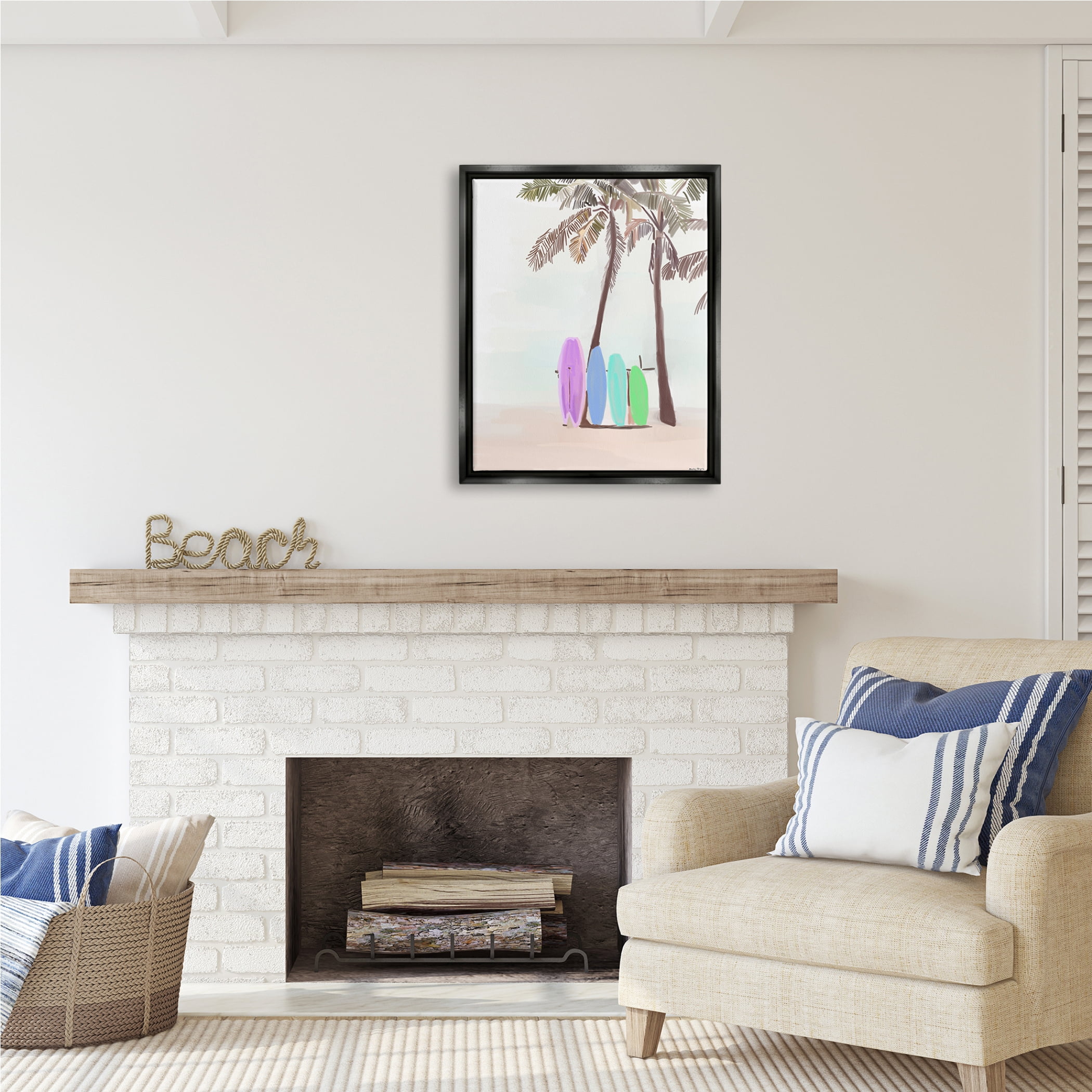 Stupell Industries Surfboards on Palm Trees Sports Painting Black Floater Framed Art Print Wall Art, 25 x 31