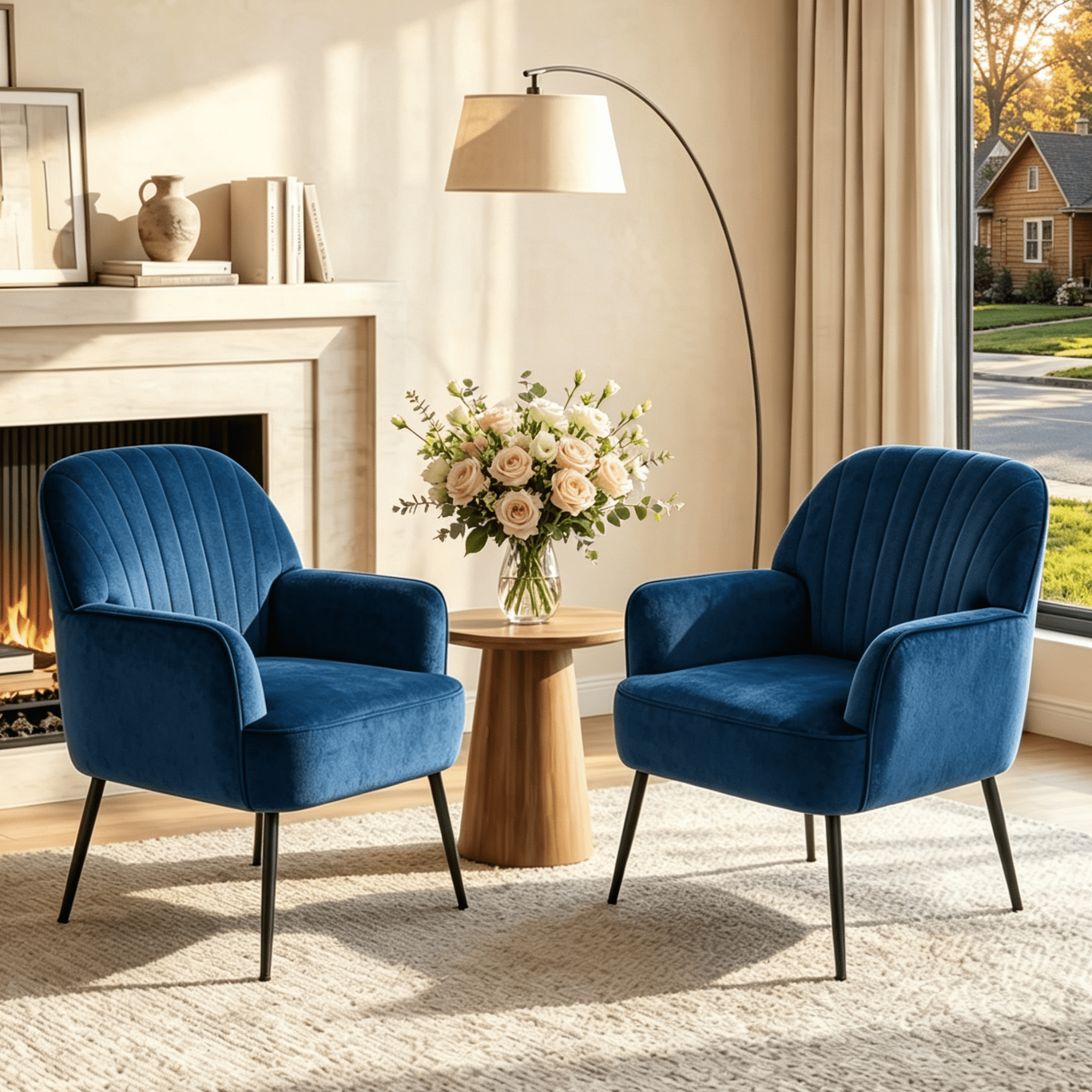 Gewnee Velvet Accent Chair,Upholstered Reading Chair with Wood Frame,Comfy Barrel Chair for Living Room,Waiting Room and Office.Blue