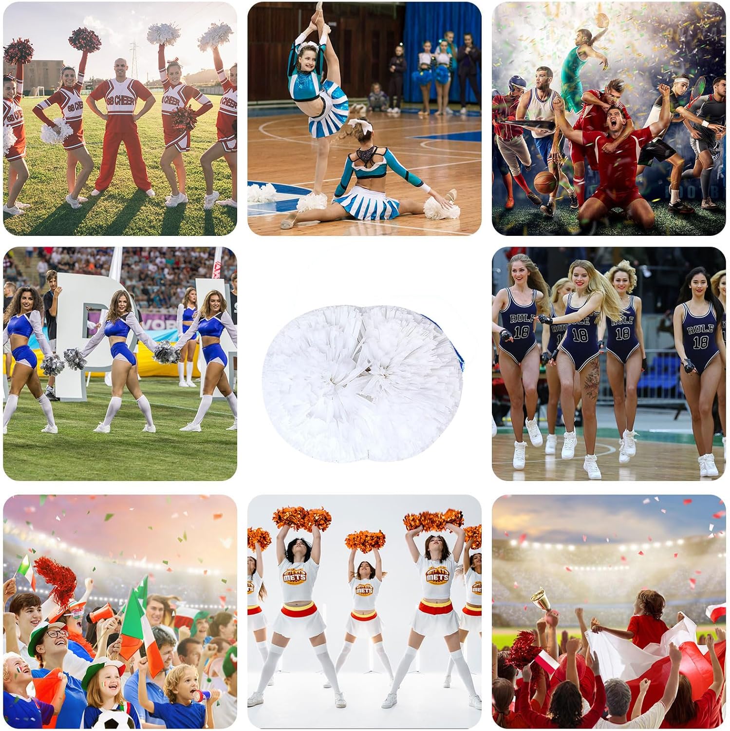 Cheerleader Pom Poms 24 Pack Sports Dance Cheering Plastic Metallic Cheerleading Pom Poms for Kids Adults.