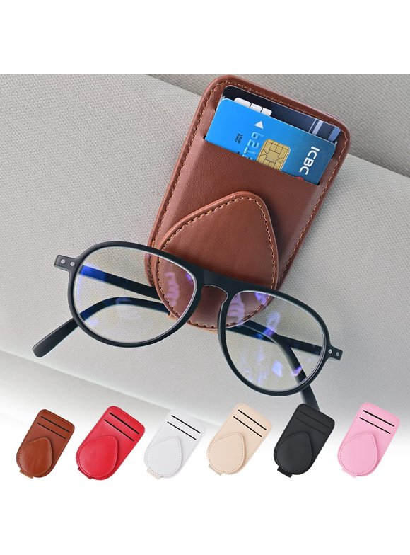 2 Pack Brown Magenetic Sunglasses Holder for Car Visor, 2 Card Slots Visor Glasses Hanger Clip, Eyeglasses Mount Ticket Card Clip, Car Visor Accessories-Brown 2Pcs
