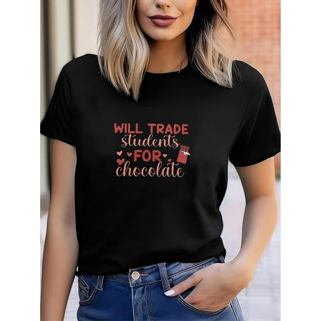 Chocolate Printed Valentine'S Day, Comfortable T-shirt, Soft Heavy Fabric, Classic round Collar Design