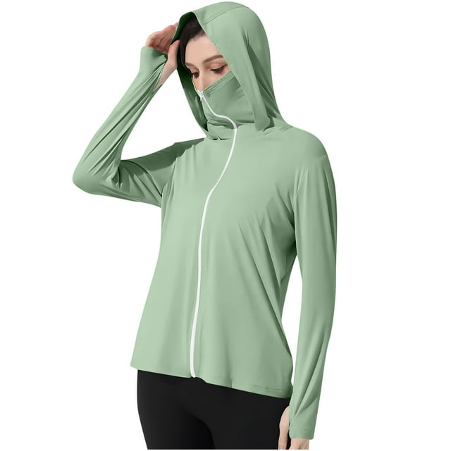 LMKIHUSA Léger Sun à Capuche pour Femmes UPF 50+ Protection Sun 2025 Manteaux Manches Longues Uni Fermeture Éclair Intégrale Vestes Randonnée Hauts avec Passant pour Pouce avec Poches et Masque Moyen