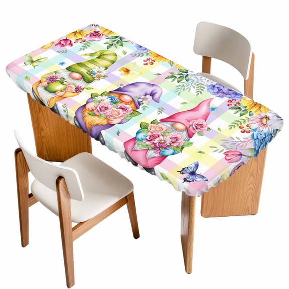 Watercolor Floral Gnomes Table Cloths for 6 Foot Rectangle Tables, Spring Flowers Butterflies Grid Patio Waterproof Elastic Fitted Tablecloths, Washable Rectangular Table Cover for Camping