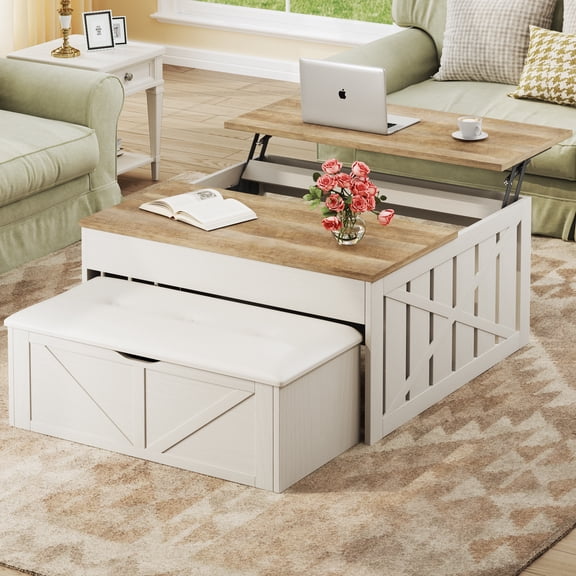 Lift Top Coffee Table with Storage, 31.5" Farmhouse Coffee Tables with Ottoman Bench, Center Table with Wooden Lift Tabletop for Living Room, White