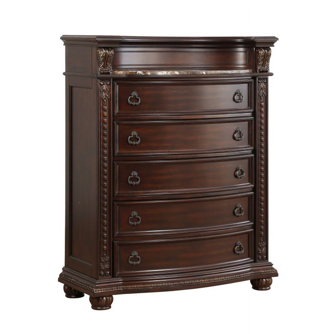 Home Elegance Chest Marble Insert 1757-9HE Dark cherry finish on birch veneers with gold highlights.
