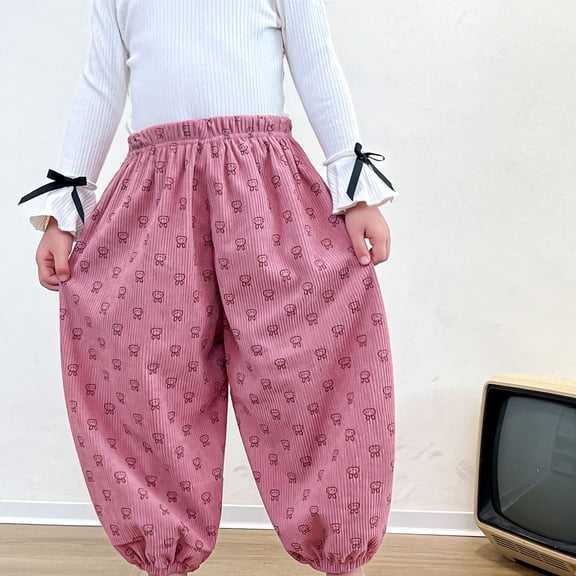UACY Toddler Girls Cute Bunny Dot Floral Print Corduroy Pants Kids Casual Bubble Sweatpants Baggy Joggers Elastic Waist 
