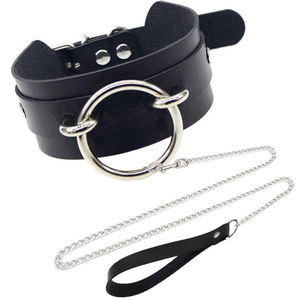 Anillo de juguetes sexuales exagerados, collar de cuero PU, cuerda de tracción esclava, conjunto de cuello de coqueteo, juguetes de pareja para adultos, negro(2 piezas) LingWen 9024715026095