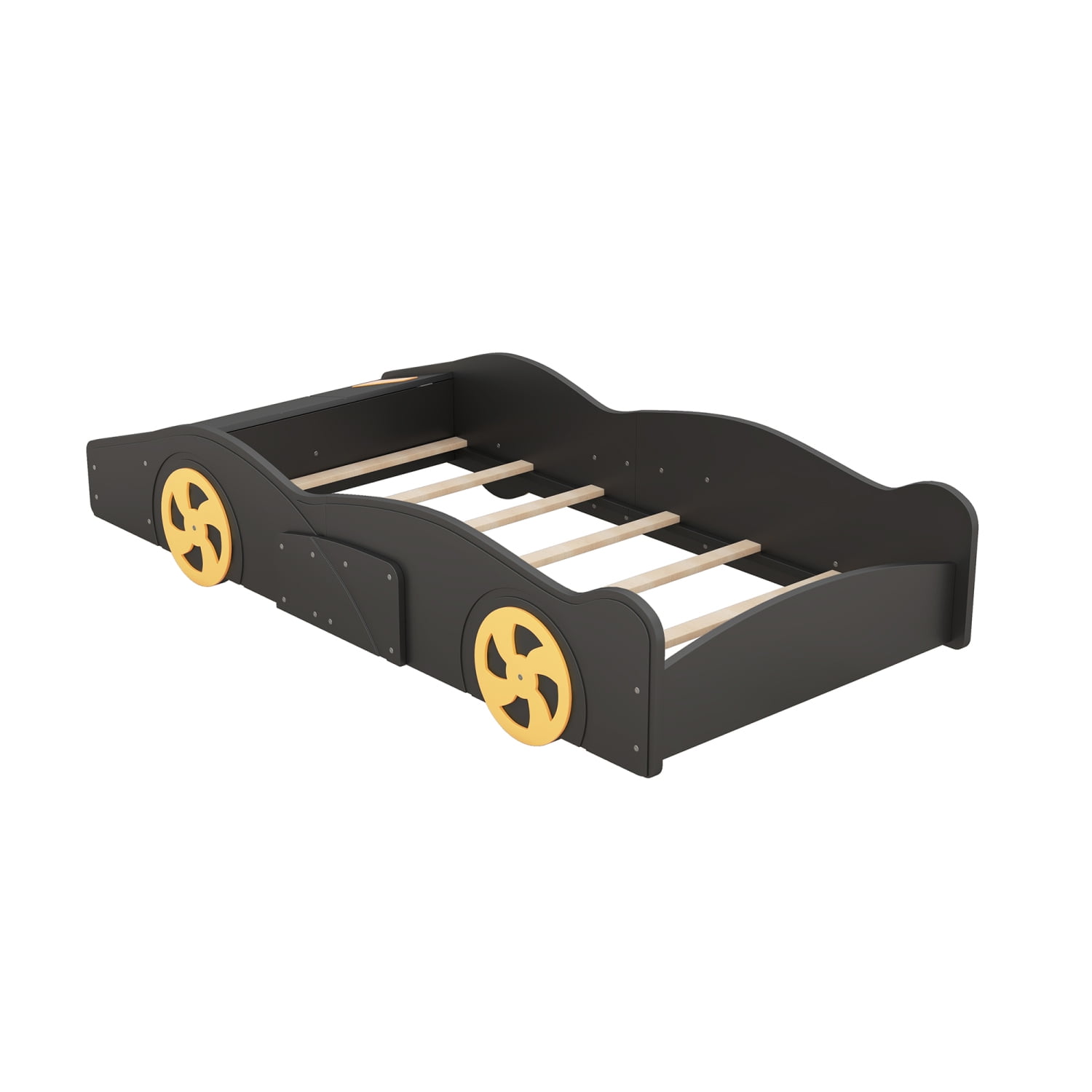 Harper & Bright Designs Twin Size Race Car Bed Platform Bed for Kids, Wood Car-Shaped Kids Bed Frame with Storage and Wheels for Boys Girls, Black