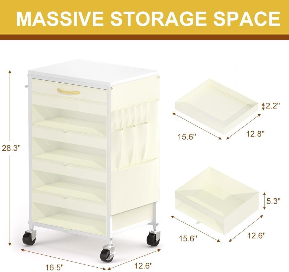 Yarn Storage Organizer Cart with Drawers, Yarn Holder Mobile Knitting Crochet Organizer, Rolling Craft Cart with Lockable Wheels and Side Pockets for Crochet Knitting Supplies, White