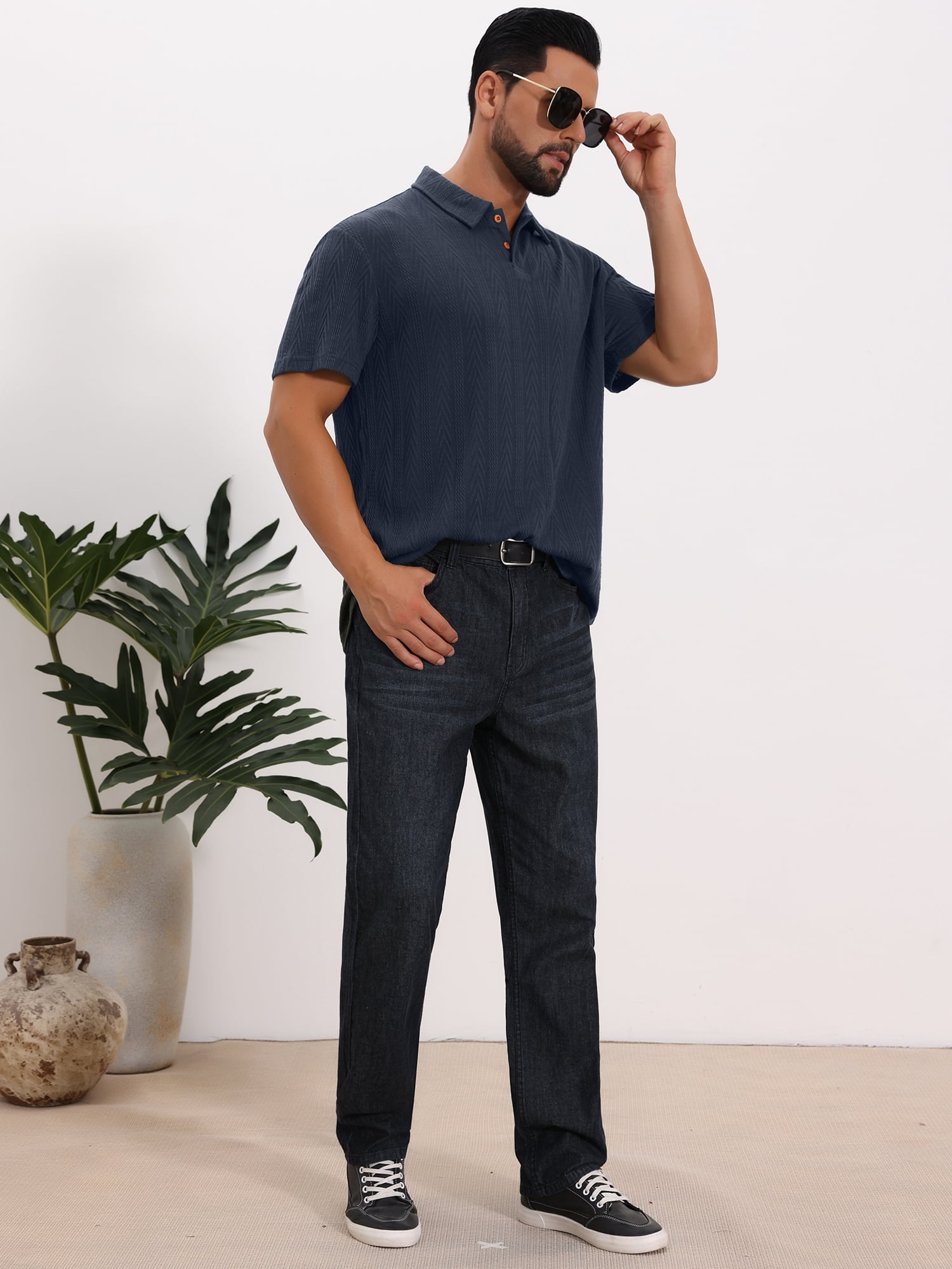 DARING DIVA Men's Jacquard Short Sleeve Button Down Collared Polo Shirts L Dark Blue