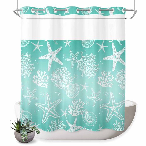 No Hook Shower Curtain, Teal Ombre Coastal Shower Curtains for Bathroom with See Through Top Window, Nautical Beach Starfish Coral Summer Waterproof & Washable Bath Curtain Standard 72"x72"