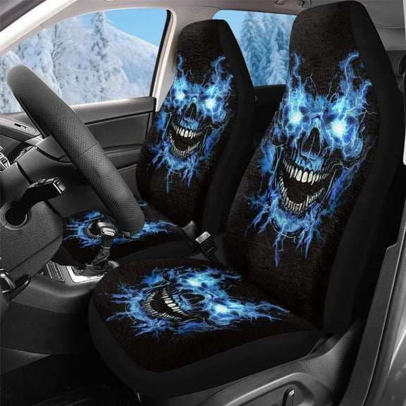 Uorisanigo Car Seat Covers Front Seats Only Set of 2, Soft Plush Blue Lightning Skull Car Seat Cushions, Auto Seats Covers Interior Accessories, Comfortable