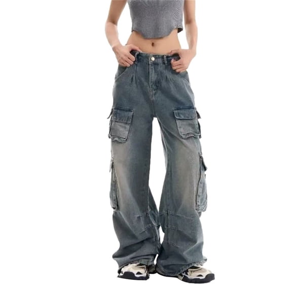 Audhol Denim Cargo Pants for Women Women's Retro Jeans with Multiple Pockets Loose Straight Leg Pants Street Cargo Pants Cargo Jeans Blue L