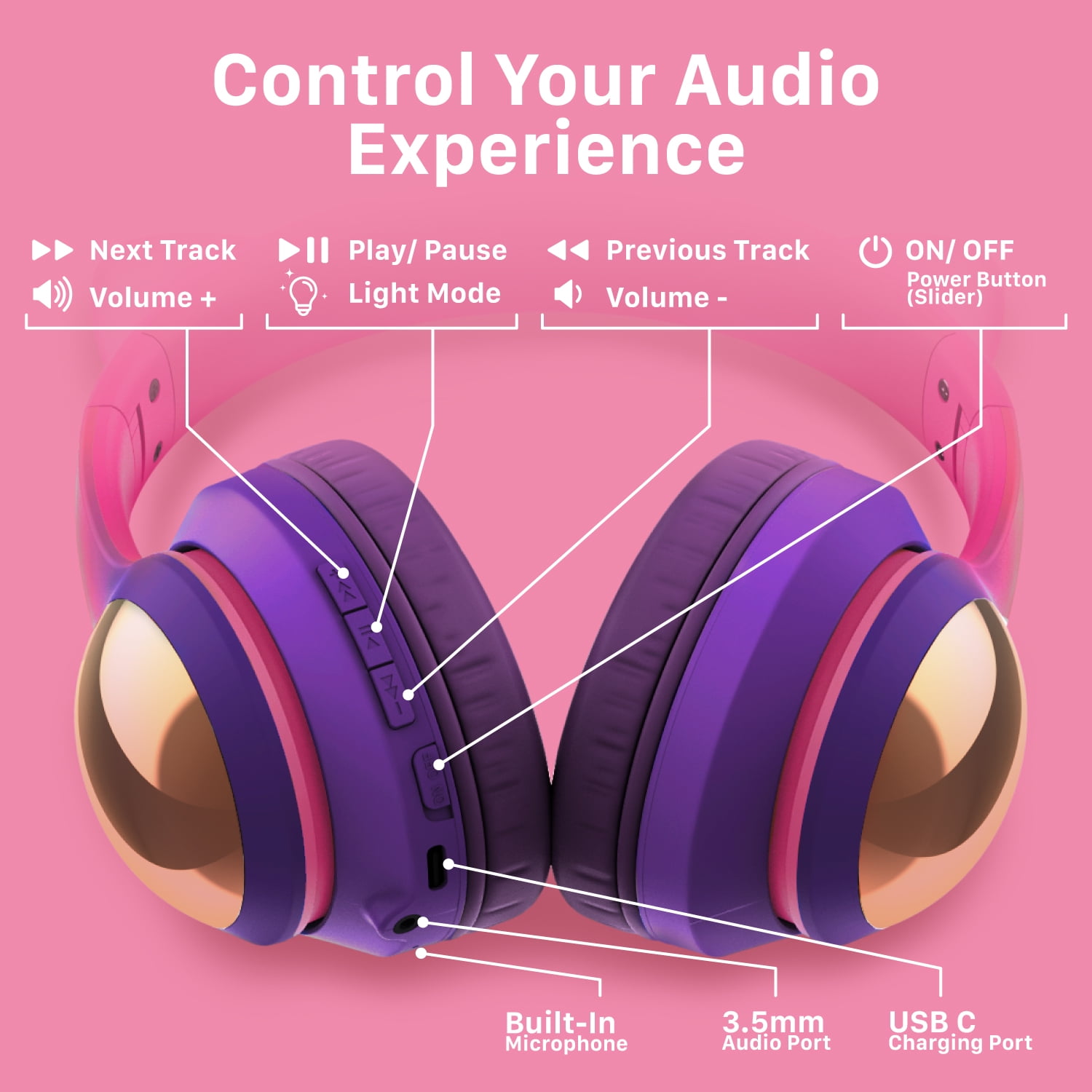 FosPower Kids Bluetooth Headphones with LED Cat Ears (85/94dB Volume Limit & 60H Play Time) Foldable Wireless/Wired Headset with 3.5mm Cable for School/Travel - Hot Pink/Purple