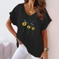 thumbnail image 3 of WREESH Cotton Linen Casual T-Shirt for Women Short Sleeve Sunflower Print V-Neck Black, 3 of 6