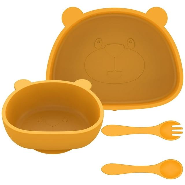 Baby Plate and Bowl Set with Suction Reusable Silicone Baby Tableware Set with Flexible Fork Spoon BPA-Free Baby Led Weaning Supplies Washable Microwave Safe Self Feeding Utensils for Tod