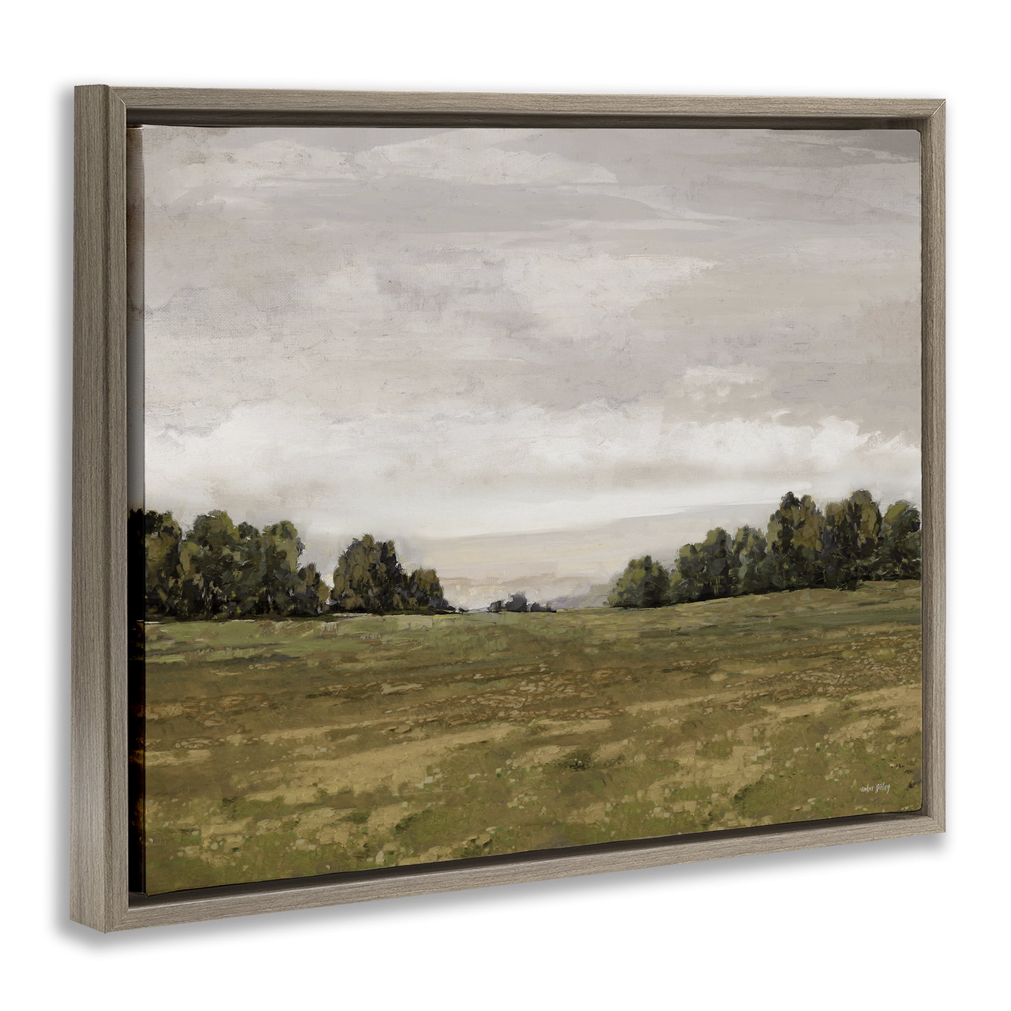 Stupell Industries Distant Trees Grassland Landscape Painting Brown Floater Framed Art Print Wall Art, 21 x 17
