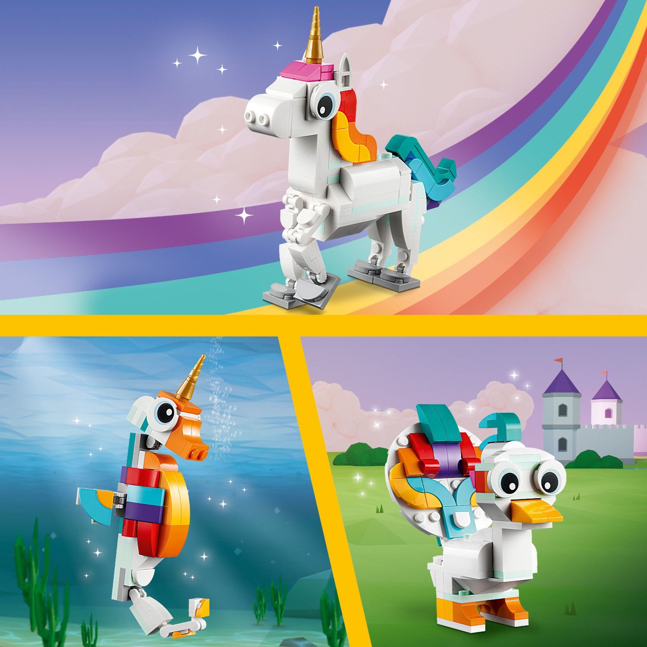 LEGO Creator 3 en 1 Unicornio Mágico - Set de Juguete de Construcción con 3 Opciones de Construcción, Unicornio, Caballito de Mar o Pavo Real - Juguete de Aprendizaje para Niños, Niñas y Niños, Mayores de 7 Años - Relleno de Canasta de Pascua - 31140 7
