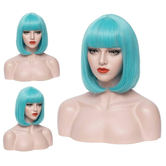 12 Inches Blue Bob Wig Short Teal Wig with Bangs for Women Girls Heat Resistant Synthetic Wigs Light Blue