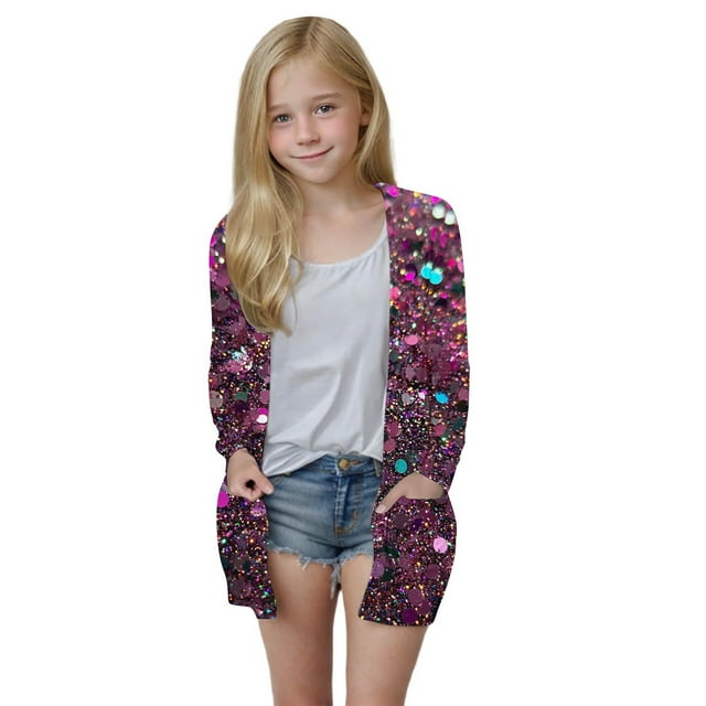 MKOSPLRT Girls Cardigans Kids Fashion Open Front Long Sleeve Knit Sweaters Funny Sequined Print Outerwear with Pockets 5-14 Years